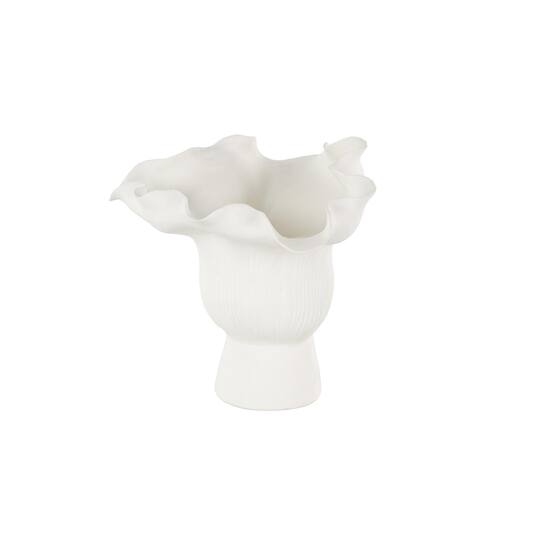 9.75" White Ceramic Abstract Floral Vase with Linear Grooves